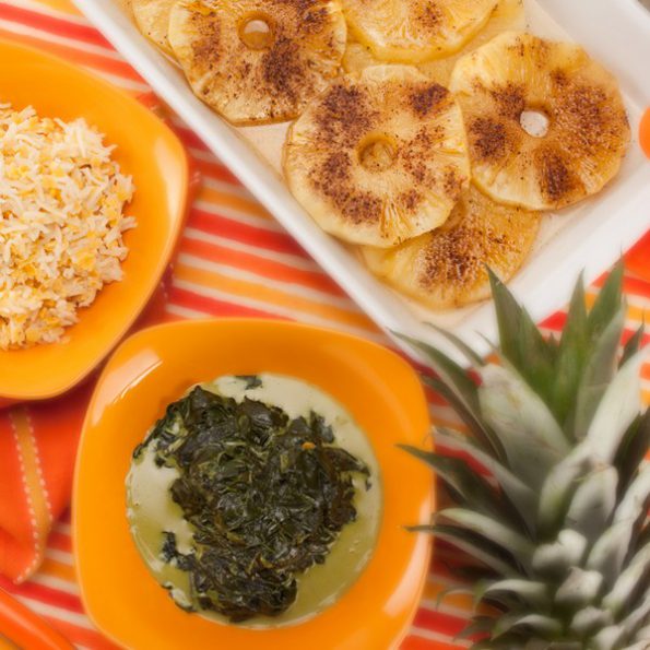 Plat complet riz basmati, épinard coco et ananas rôti