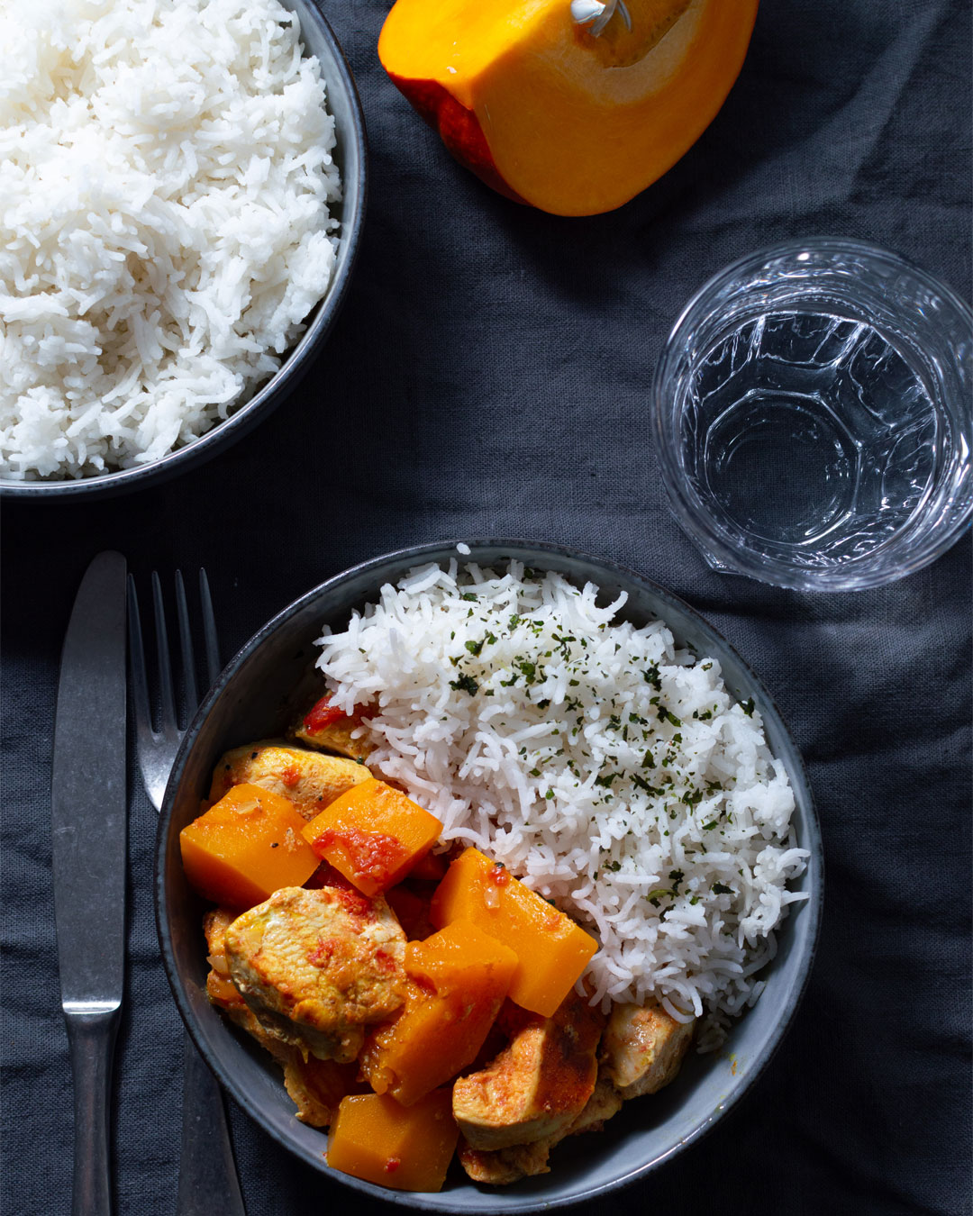 Recette Curry de poulet au potimarron, épices et riz basmati